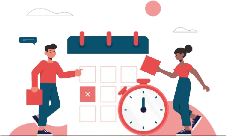 Illustration des modalités pour la formation professionnelle de Flk Creations avec un calendrier et une horloge.