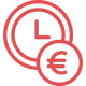 Logo de formation professionnelle de couture FLK Créations représentant une horloge avec le symbole euro, indiquant le prix de la formation et le minimum d&apos;heures nécessaires.