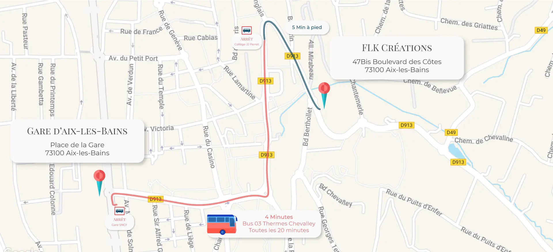 Carte avec l&apos;itinéraire depuis la gare jusqu&apos;à l&apos;organisme de formation en bus pour la formation professionnelle de couture FLK Creations.