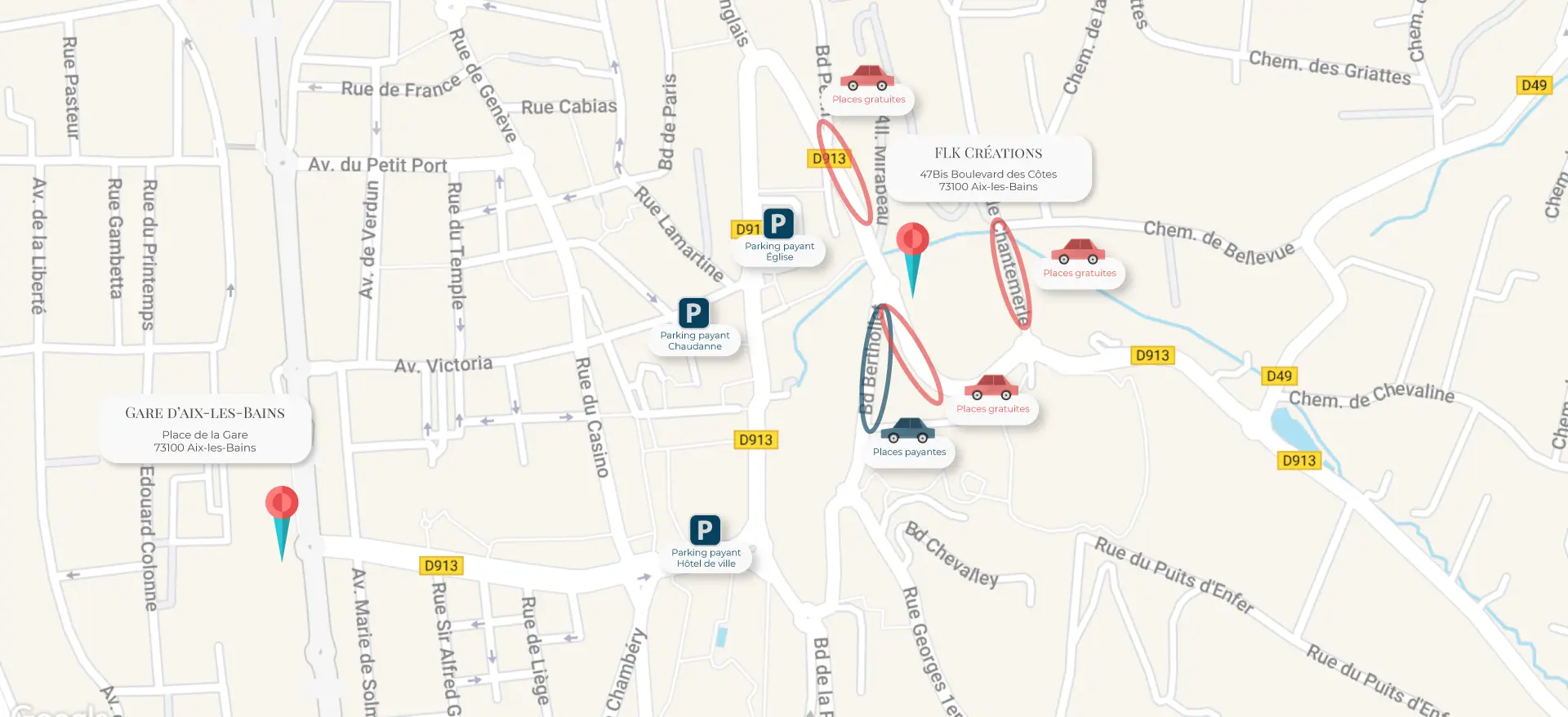 Carte avec les parkings autour de l&apos;organisme de formation pour la formation professionnelle de couture FLK Creations.